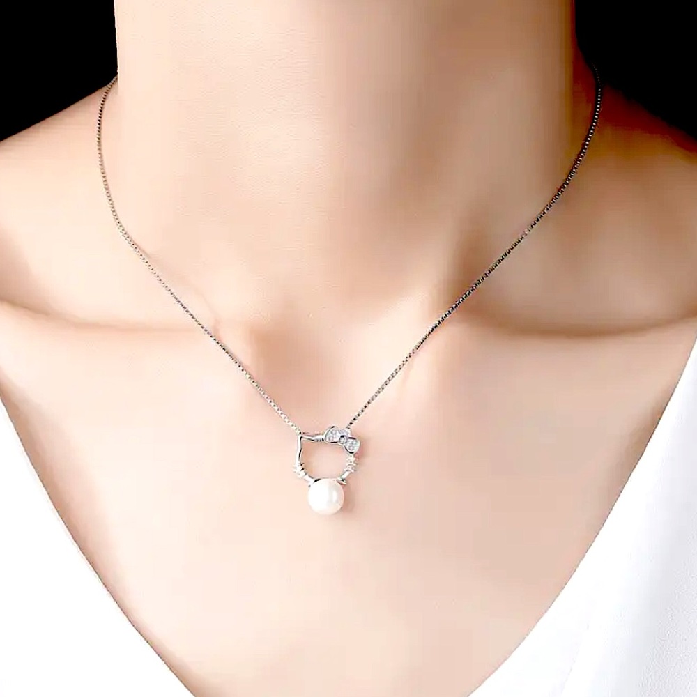 ๐ Sterling Silver Cute Cat Pearl Necklace - Picture 4 of 4